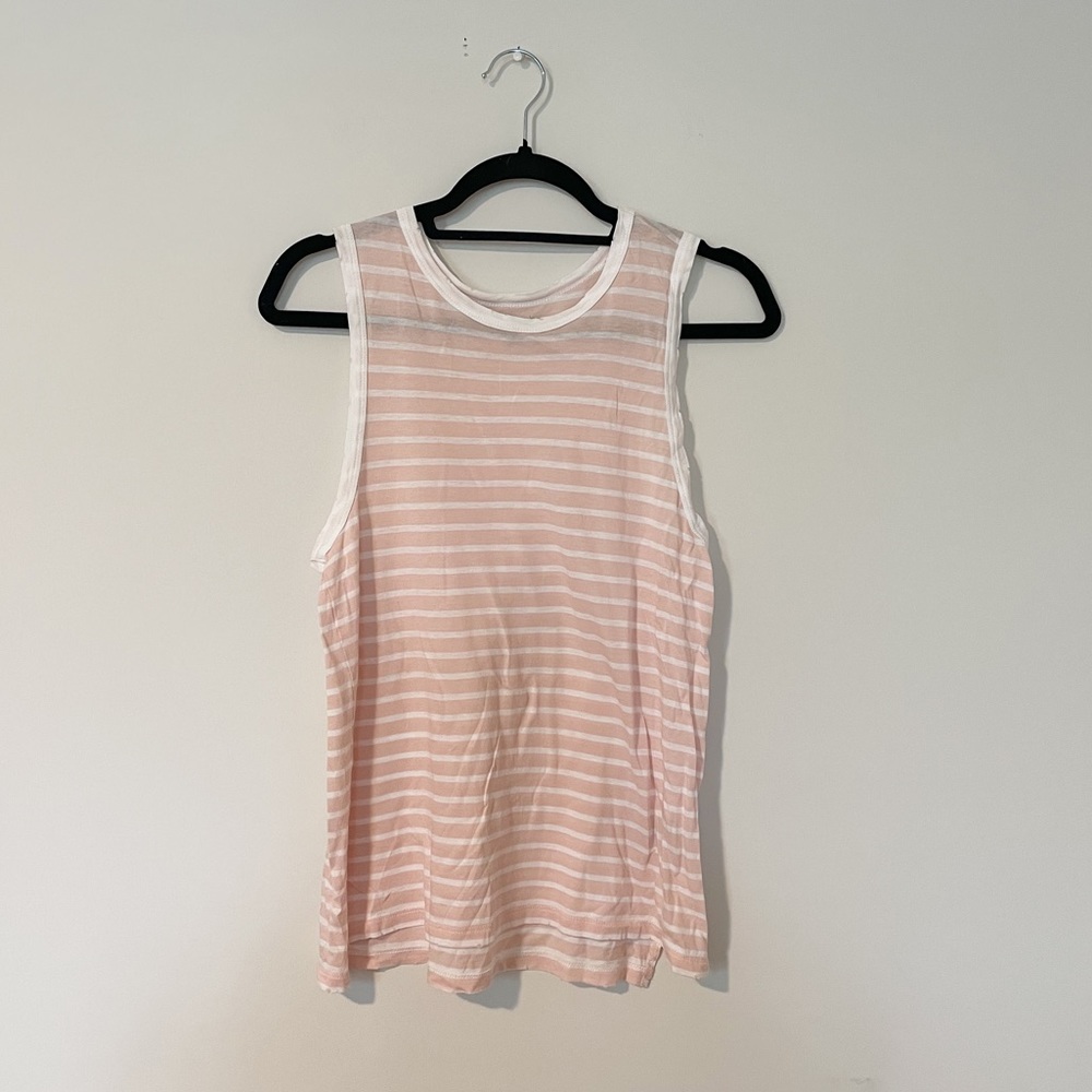 Aerie Peach & White Striped Distressed Hem Tank Top Shirt